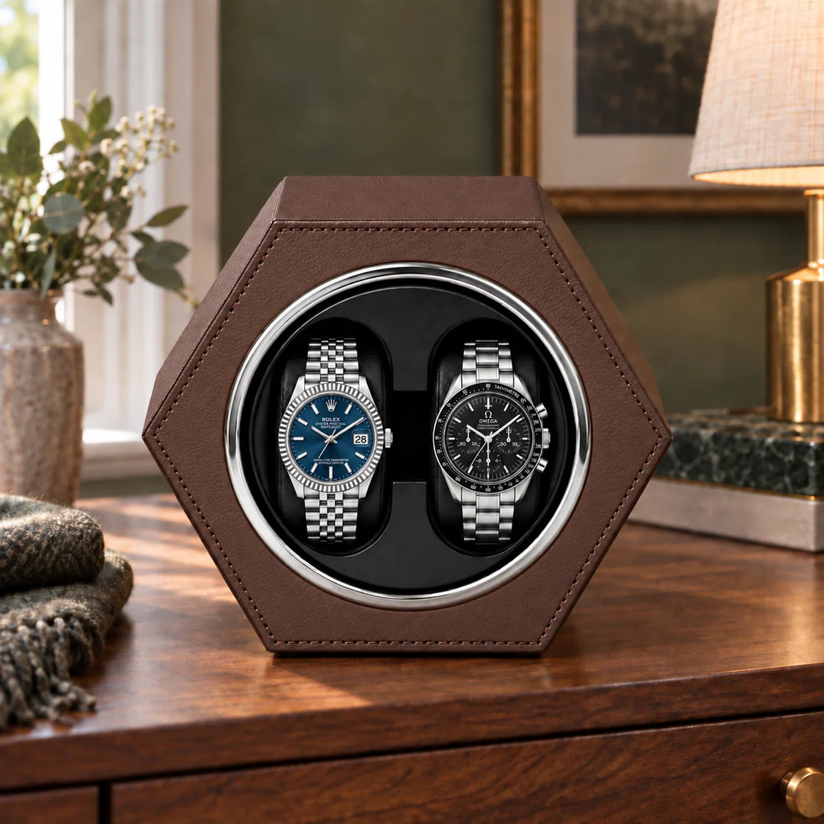 Belgrave automatic watch winder, Brown finish, lifestyle. Watches shown for illustration and not included.