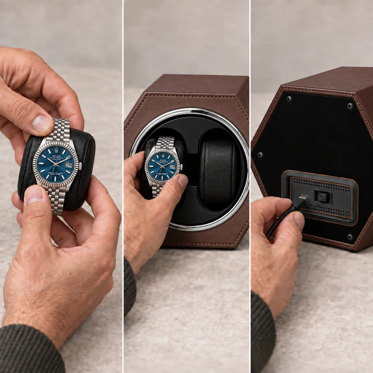 Belgrave automatic watch winder, Brown finish, use. Watches shown for illustration and not included.
