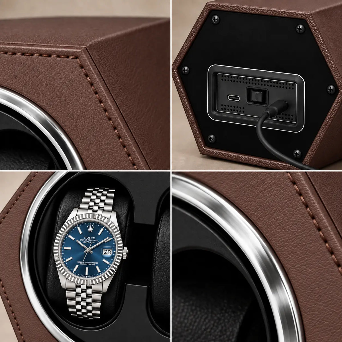 Belgrave automatic watch winder, Brown finish, details. Watches shown for illustration and not included.