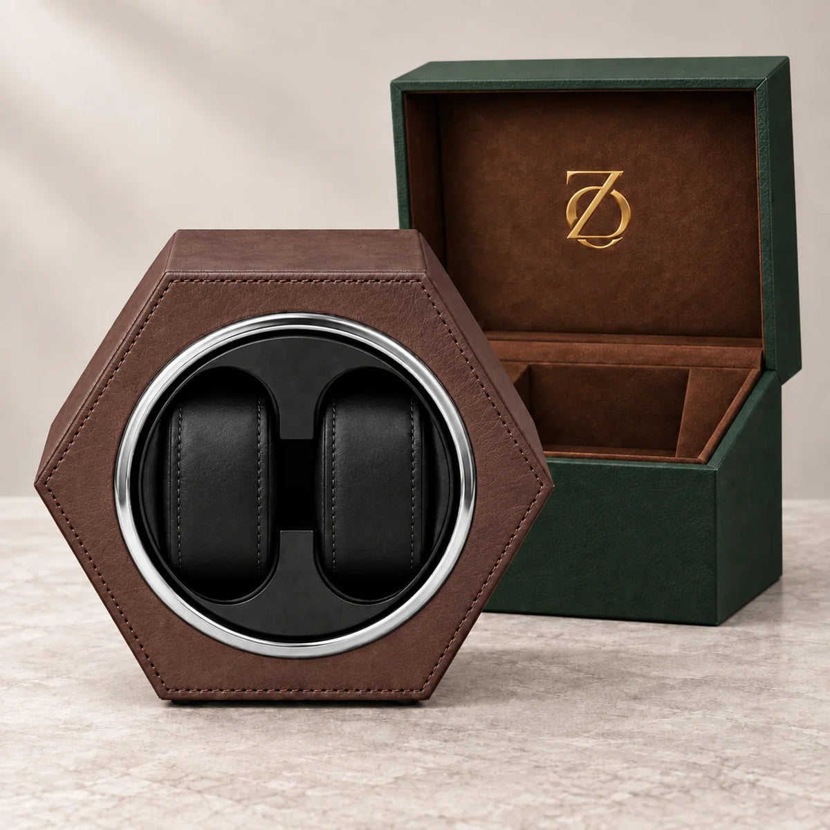 Belgrave automatic watch winder, Brown finish, presentation. Watches shown for illustration and not included.