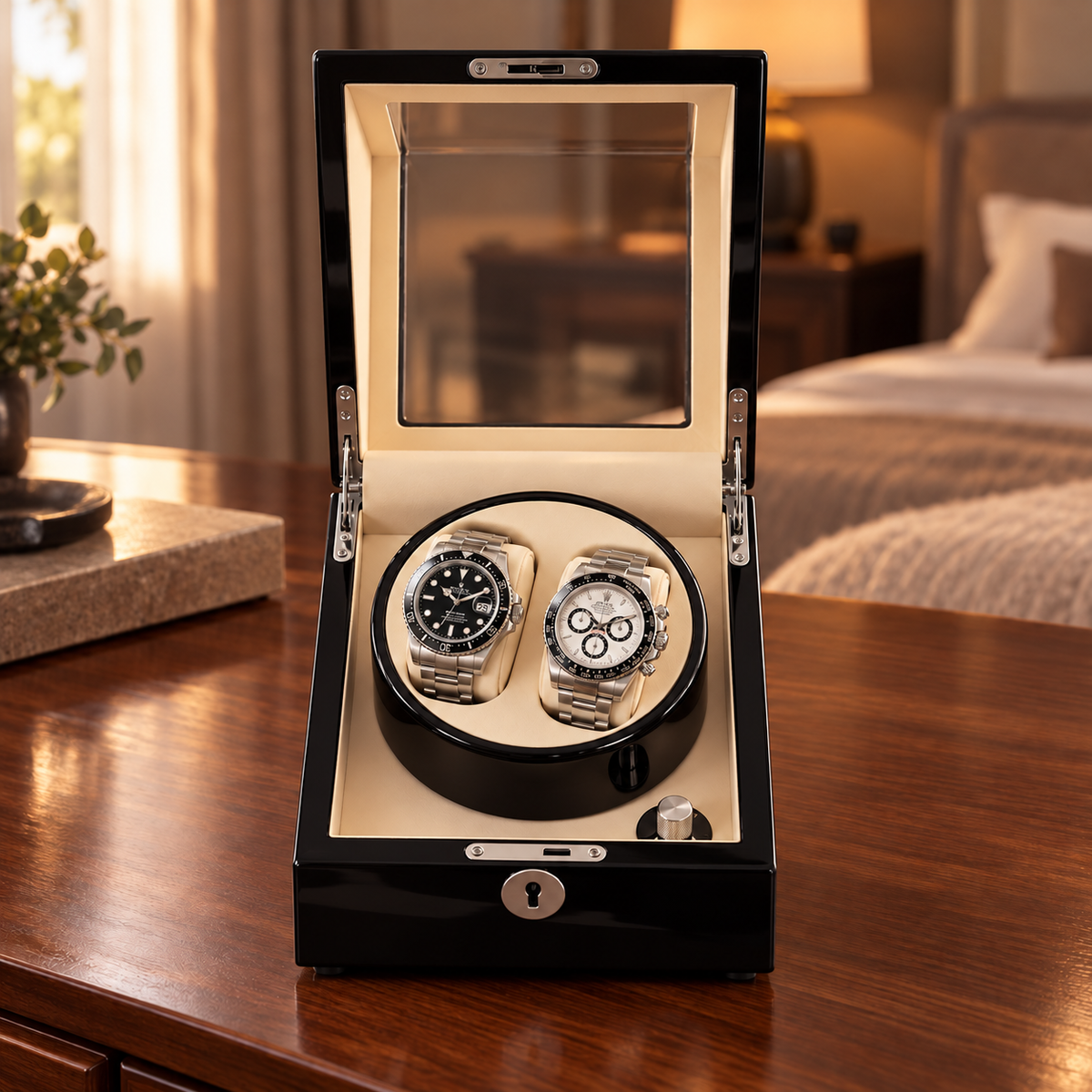 Camden black-lacquer — front view with two watches
