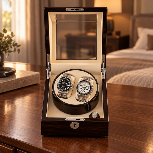 Camden rosewood — front view with two watches