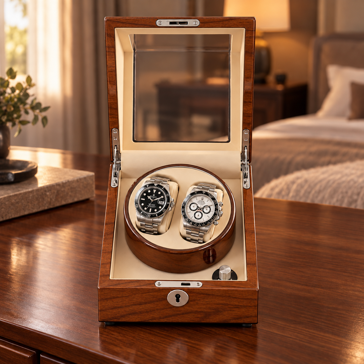 Camden walnut — front view with two watches