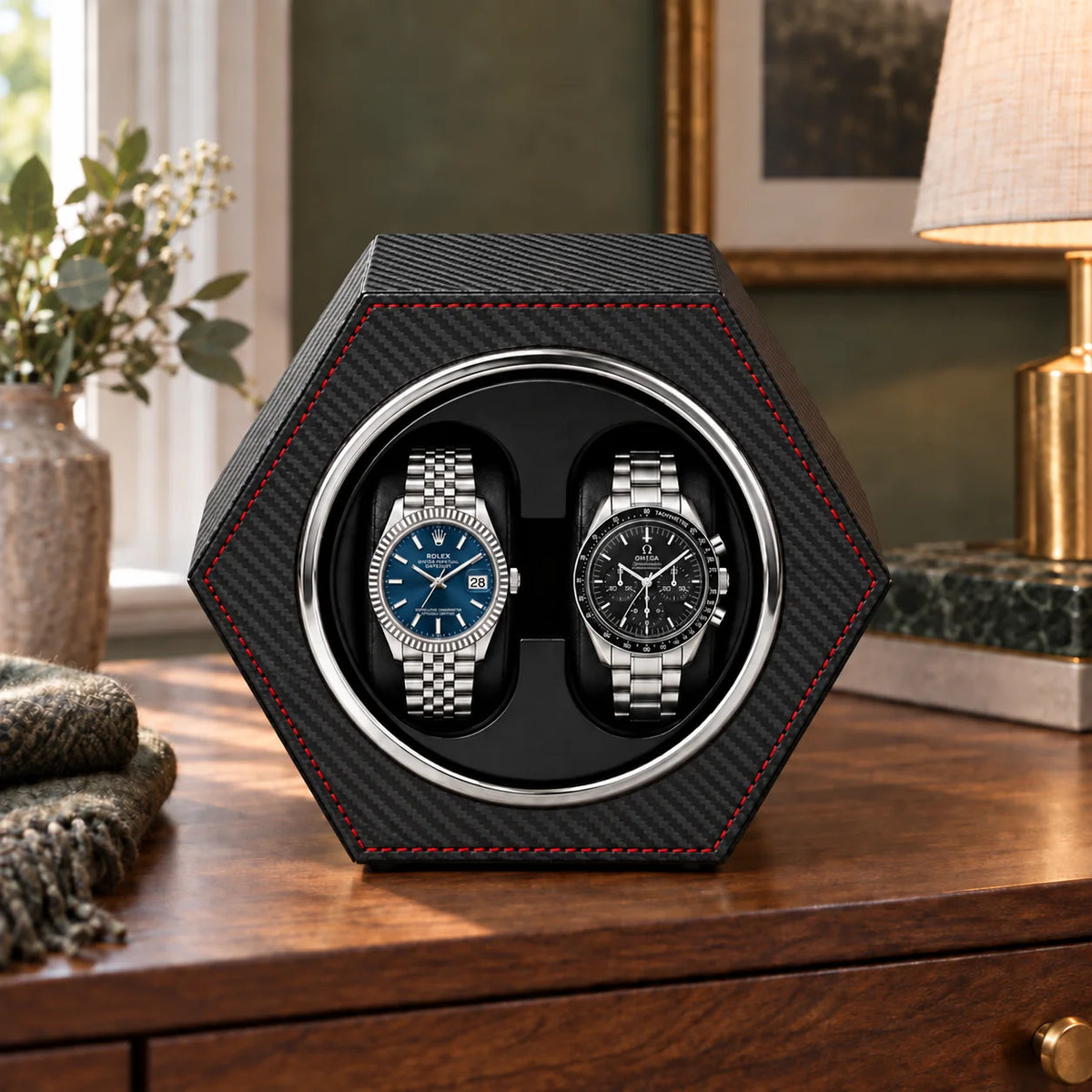 Belgrave automatic watch winder, Carbon Fibre finish, lifestyle. Watches shown for illustration and not included.