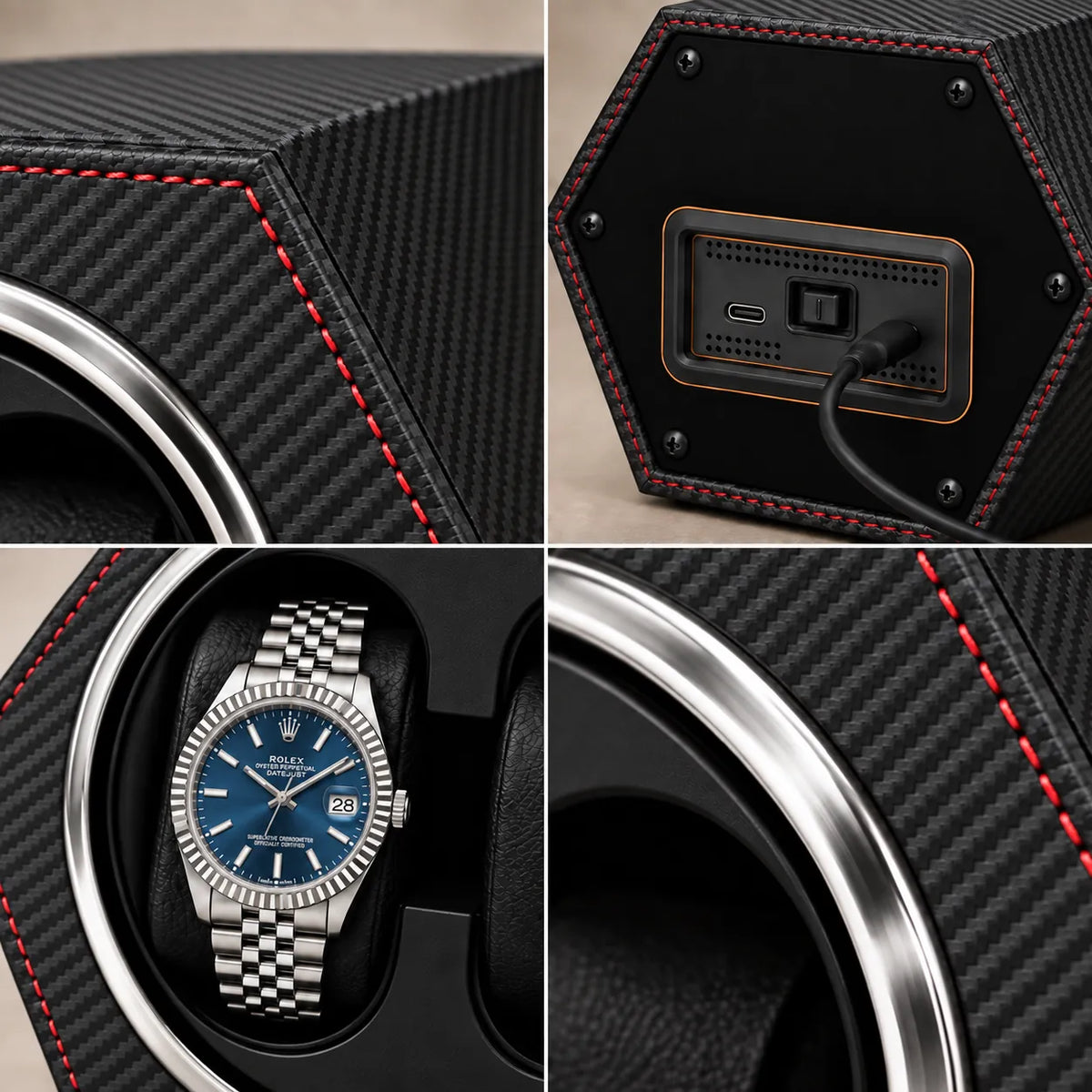 Belgrave automatic watch winder, Carbon Fibre finish, details. Watches shown for illustration and not included.