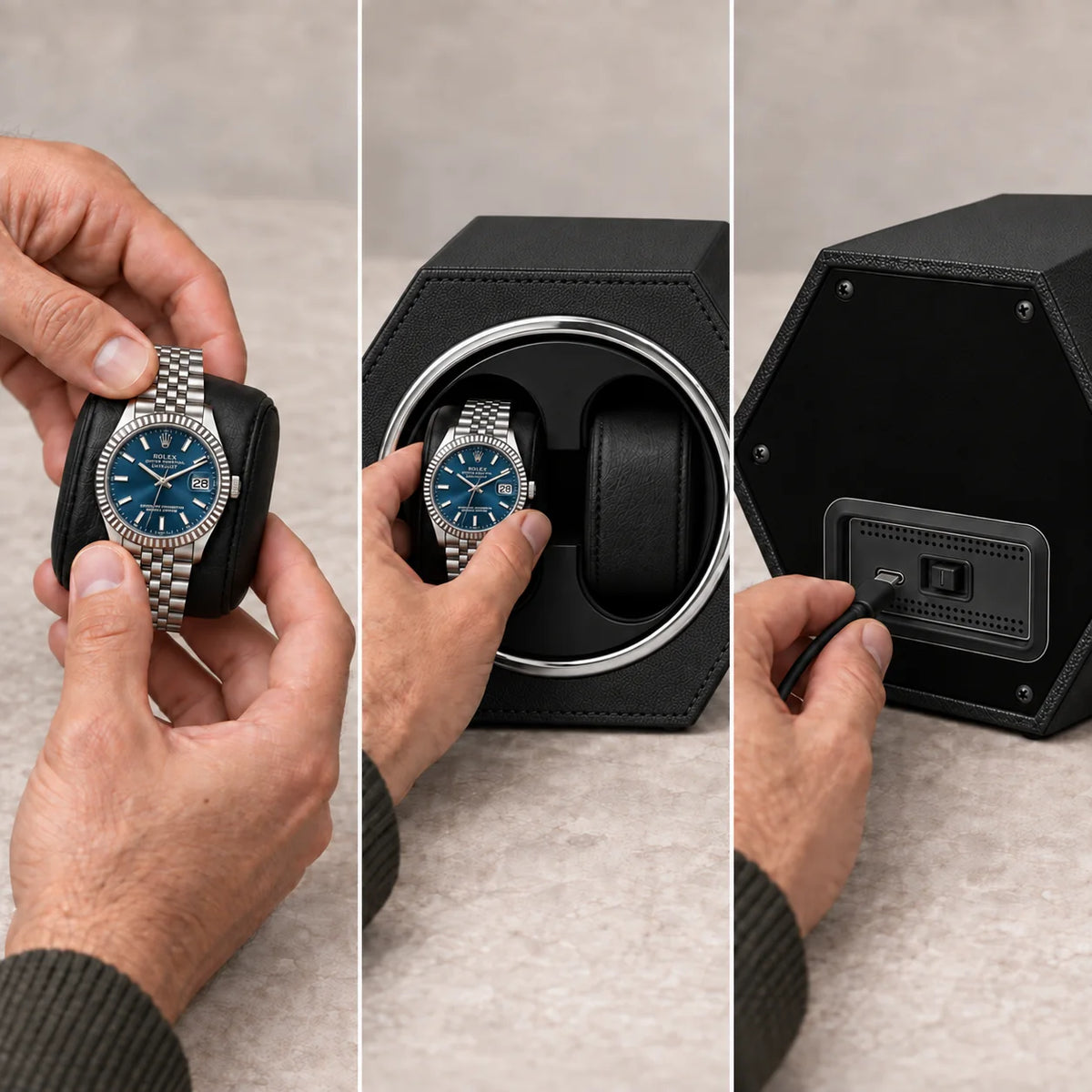 Belgrave automatic watch winder, Classic Black finish, use. Watches shown for illustration and not included.