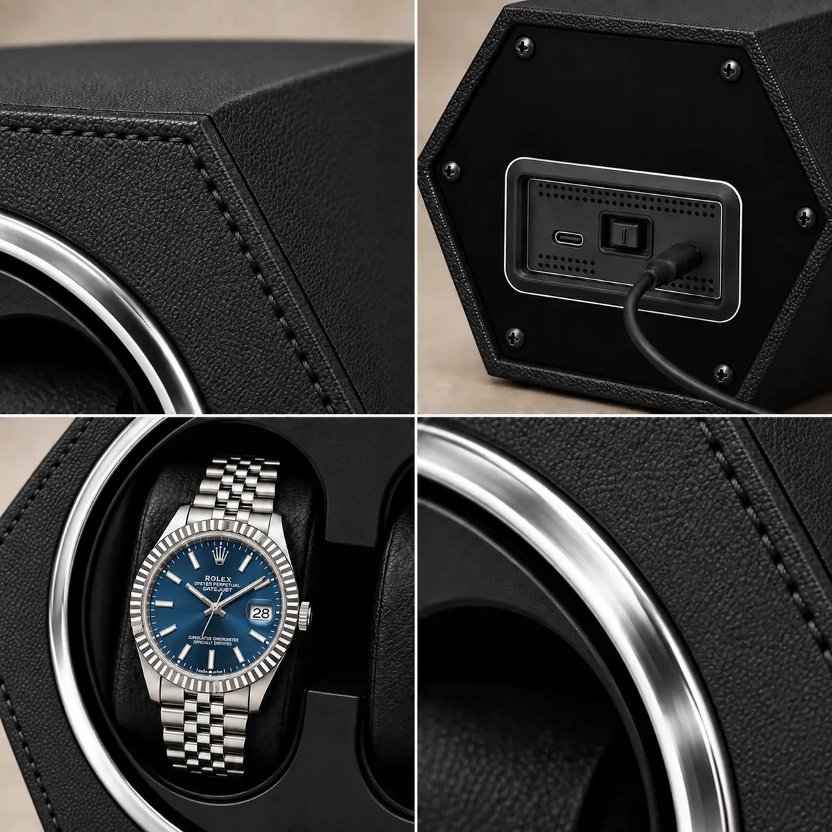 Belgrave automatic watch winder, Classic Black finish, details. Watches shown for illustration and not included.