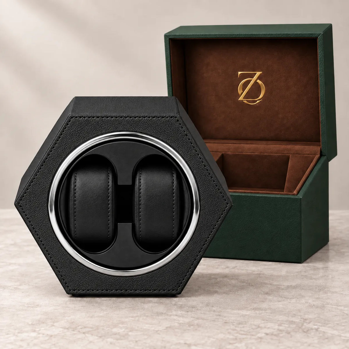 Belgrave automatic watch winder, Classic Black finish, presentation. Watches shown for illustration and not included.
