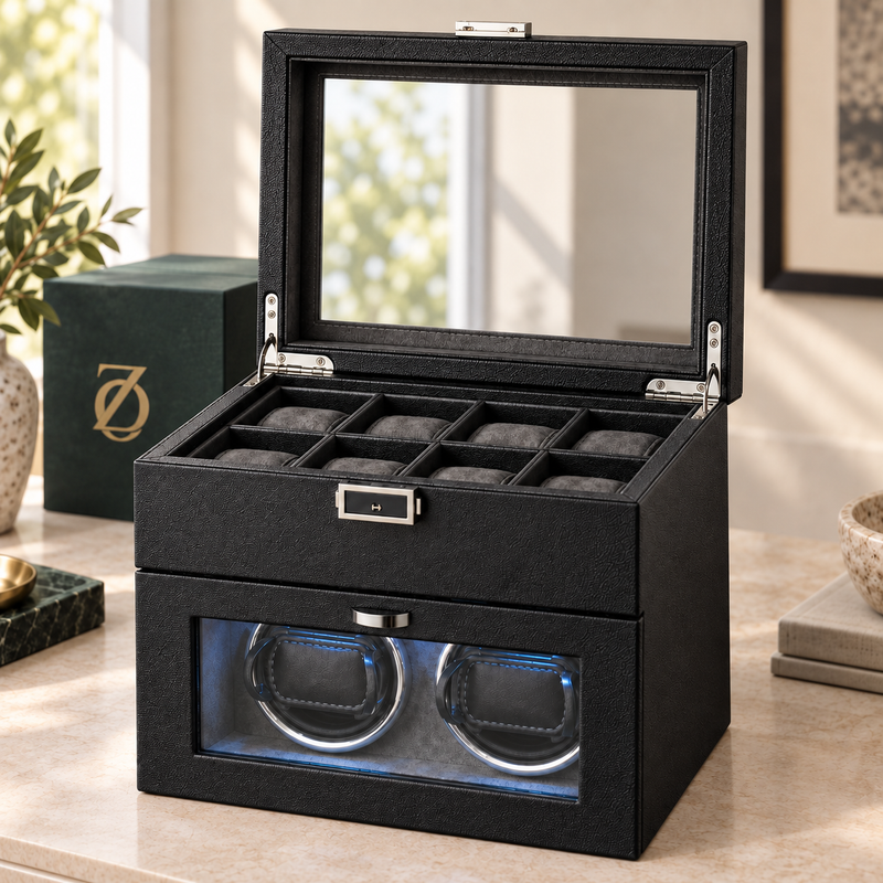 Knightsbridge 2+8 carbon-black watch winder cabinet open, showing eight storage slots and two LED winding positions
