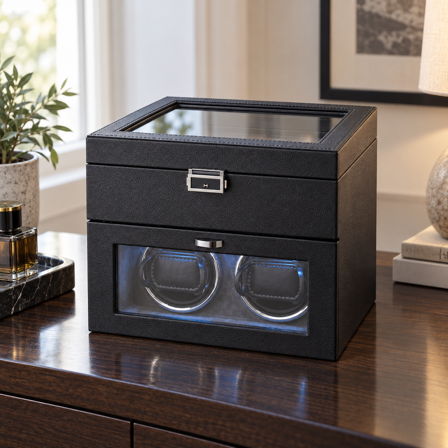 Closed Knightsbridge 2+8 carbon-black watch cabinet with glass lid, storage compartment and two-winder display