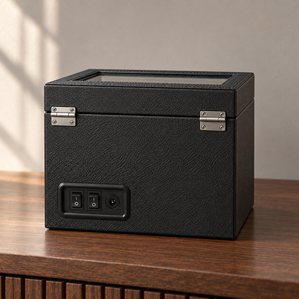 Rear view of the Knightsbridge carbon-black watch cabinet showing hinges and controls