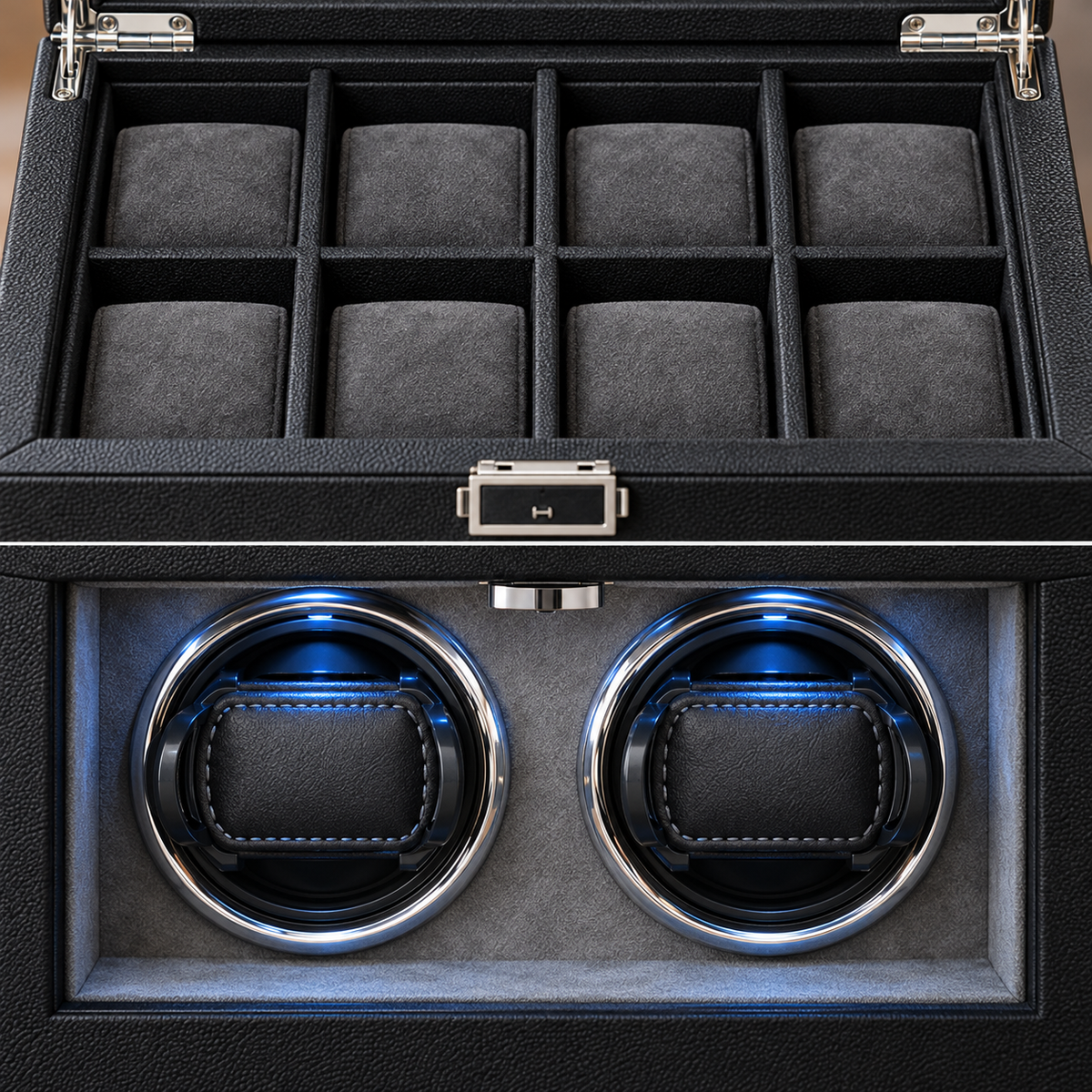 Intérieur du cabinet remontoir Opéra, avec huit compartiments de rangement gris et deux remontoirs à LED