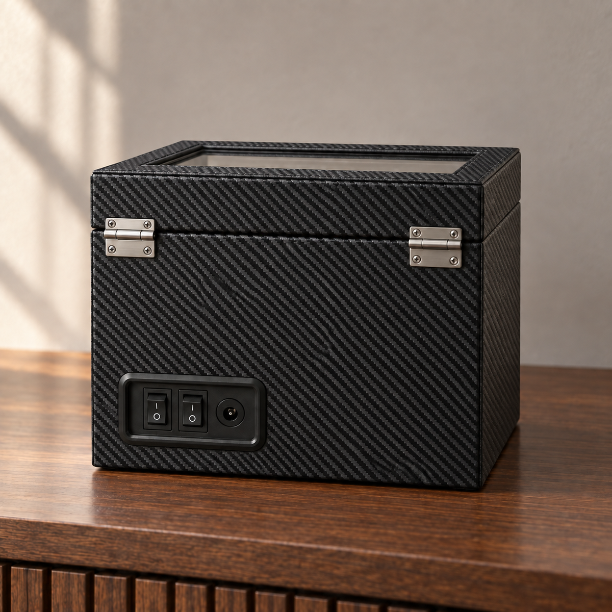 Cabinet remontoir Opéra fibre de carbone, vue arrière avec charnières et commandes