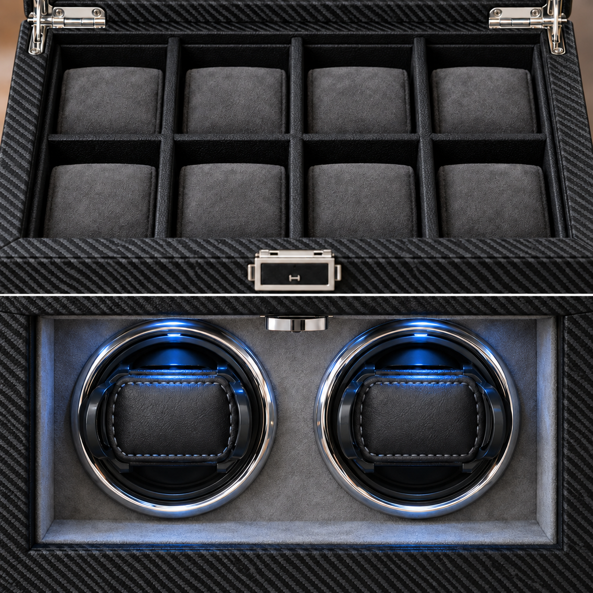 Cabinet remontoir Opéra fibre de carbone : compartiment de rangement en haut, compartiment de remontage en bas