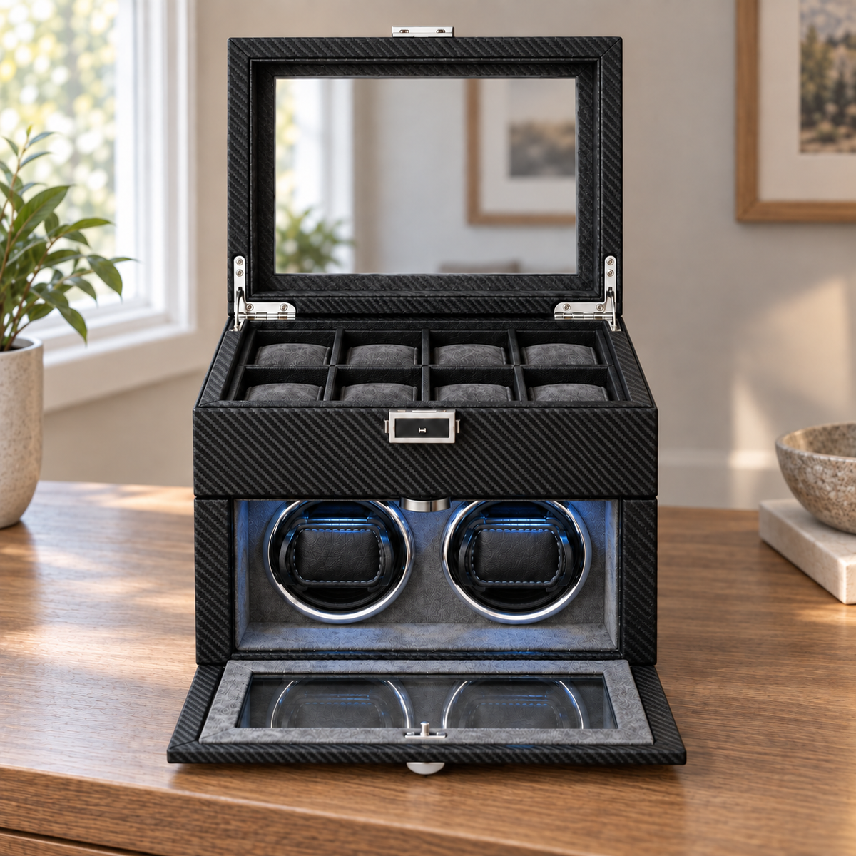 Cabinet remontoir Opéra fibre de carbone, mis en scène dans un intérieur
