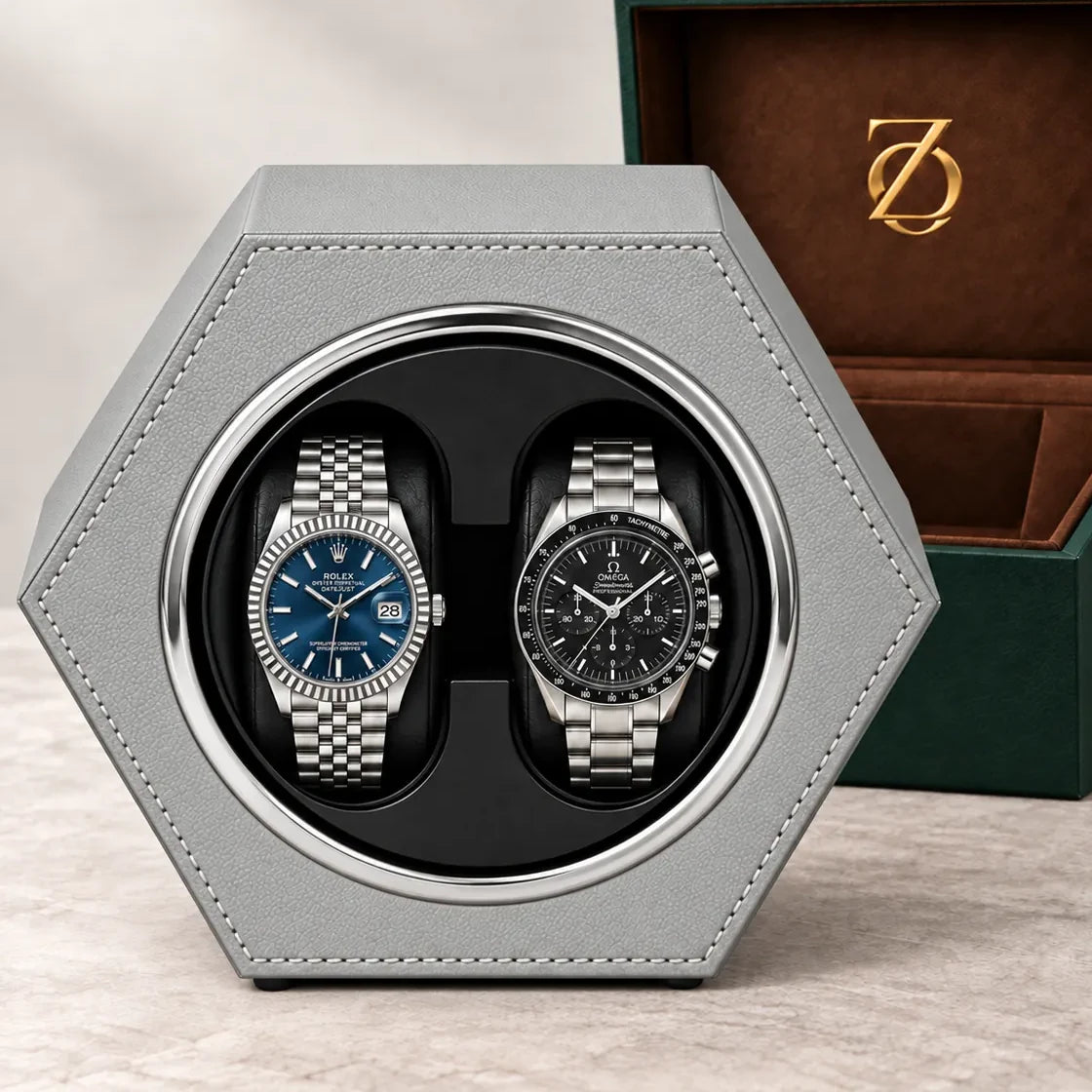 Belgrave automatic watch winder, Light Grey finish, hero. Watches shown for illustration and not included.