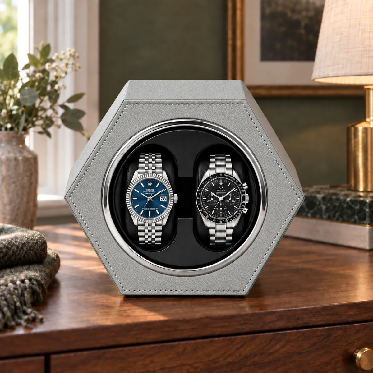 Belgrave automatic watch winder, Light Grey finish, lifestyle. Watches shown for illustration and not included.