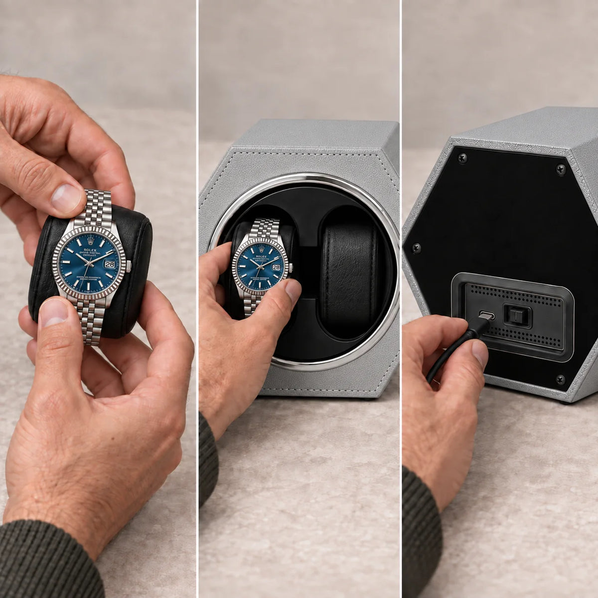 Belgrave automatic watch winder, Light Grey finish, use. Watches shown for illustration and not included.