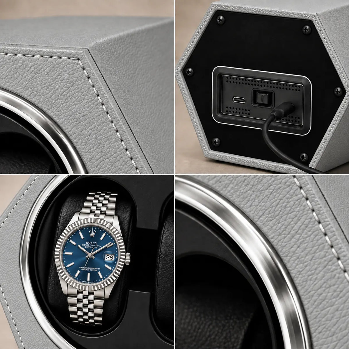 Belgrave automatic watch winder, Light Grey finish, details. Watches shown for illustration and not included.