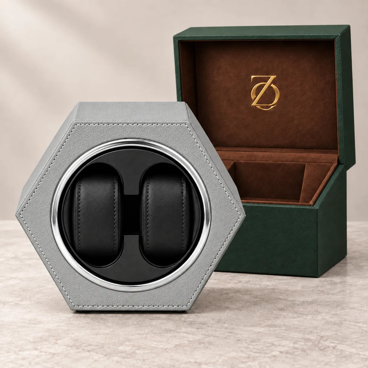 Belgrave automatic watch winder, Light Grey finish, presentation. Watches shown for illustration and not included.