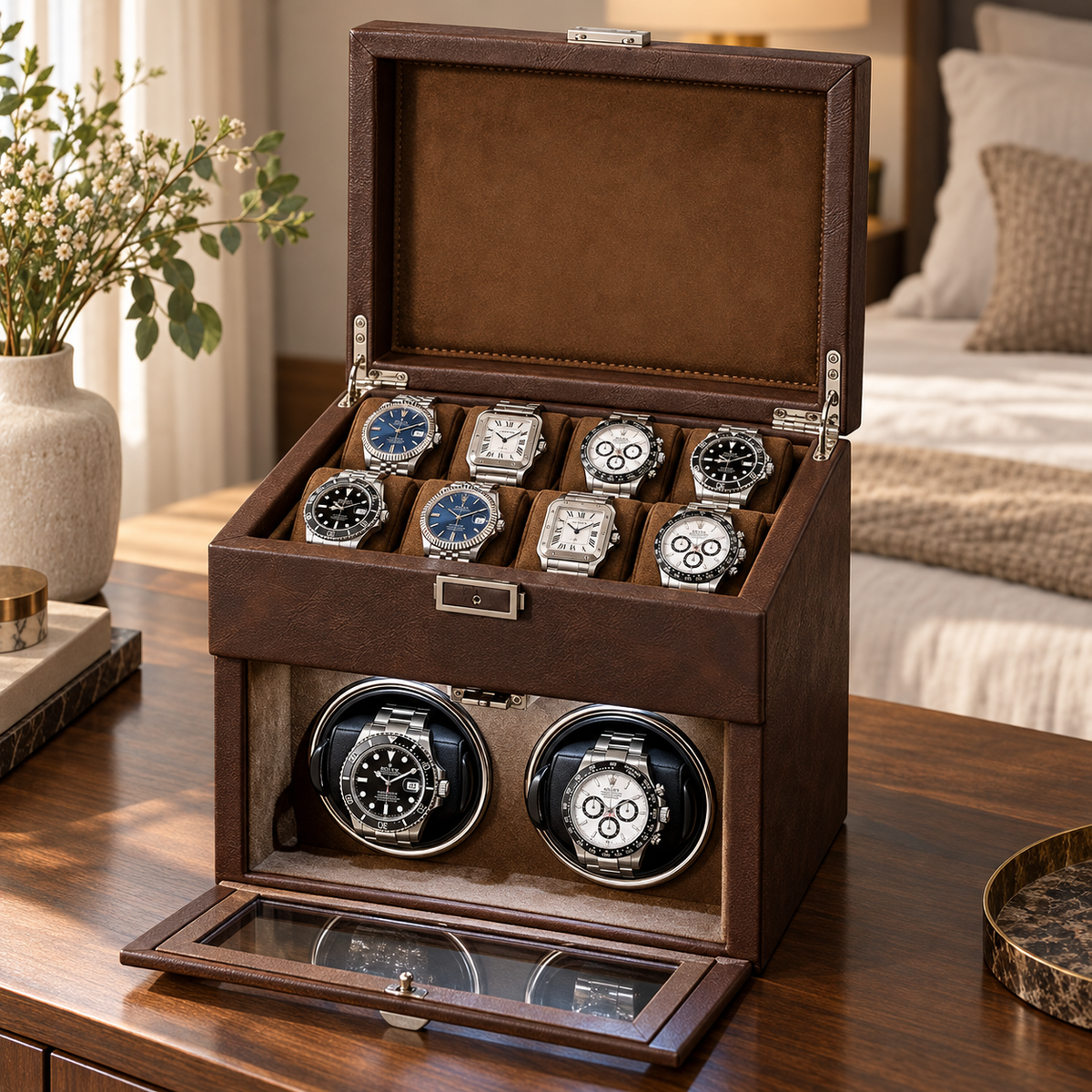 Mayfair Chocolate Suede — open cabinet with eight stored watches and two winding positions