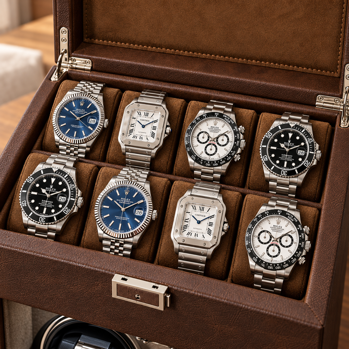Mayfair Chocolate Suede — eight-watch storage compartment