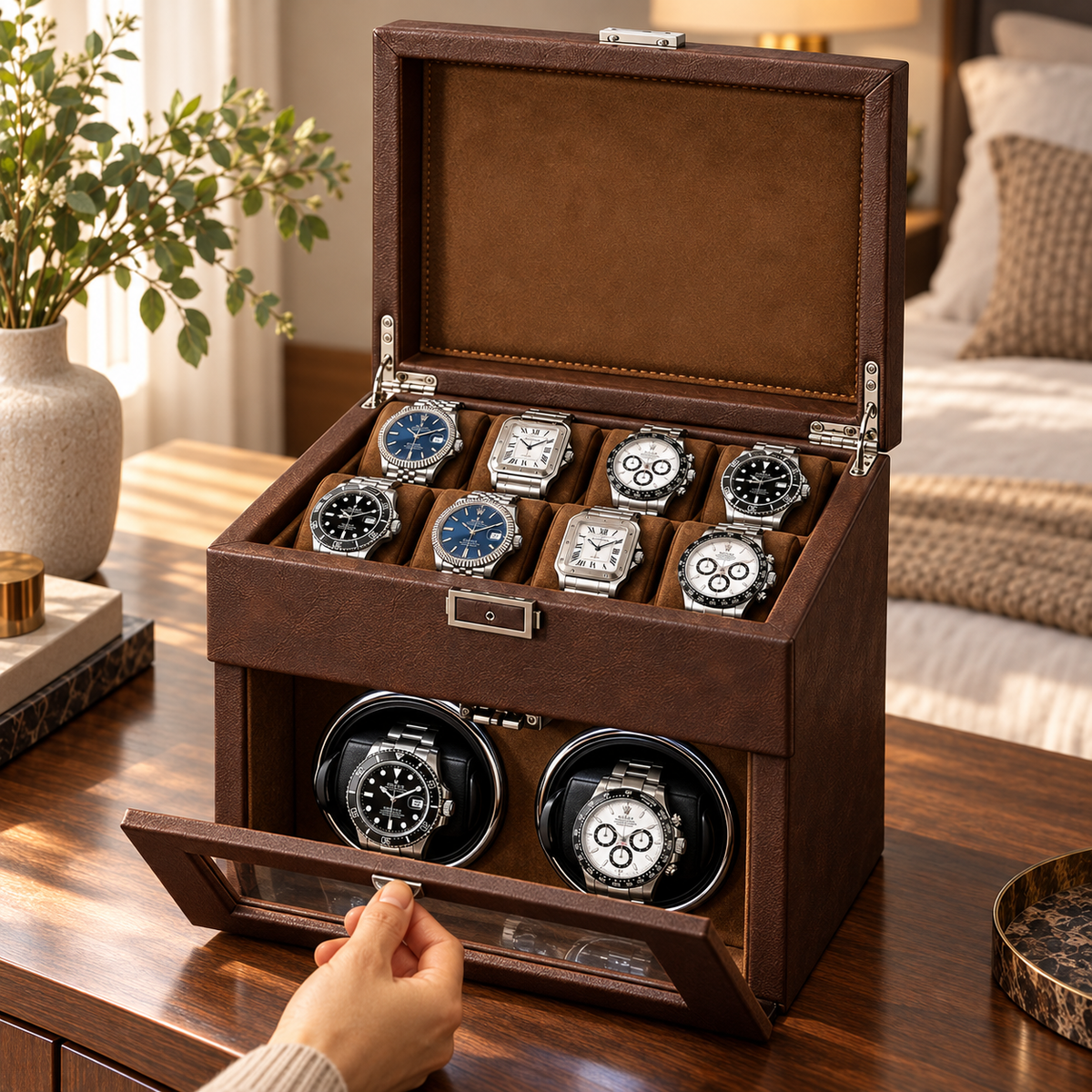 Mayfair Chocolate Suede — lower glass door in use
