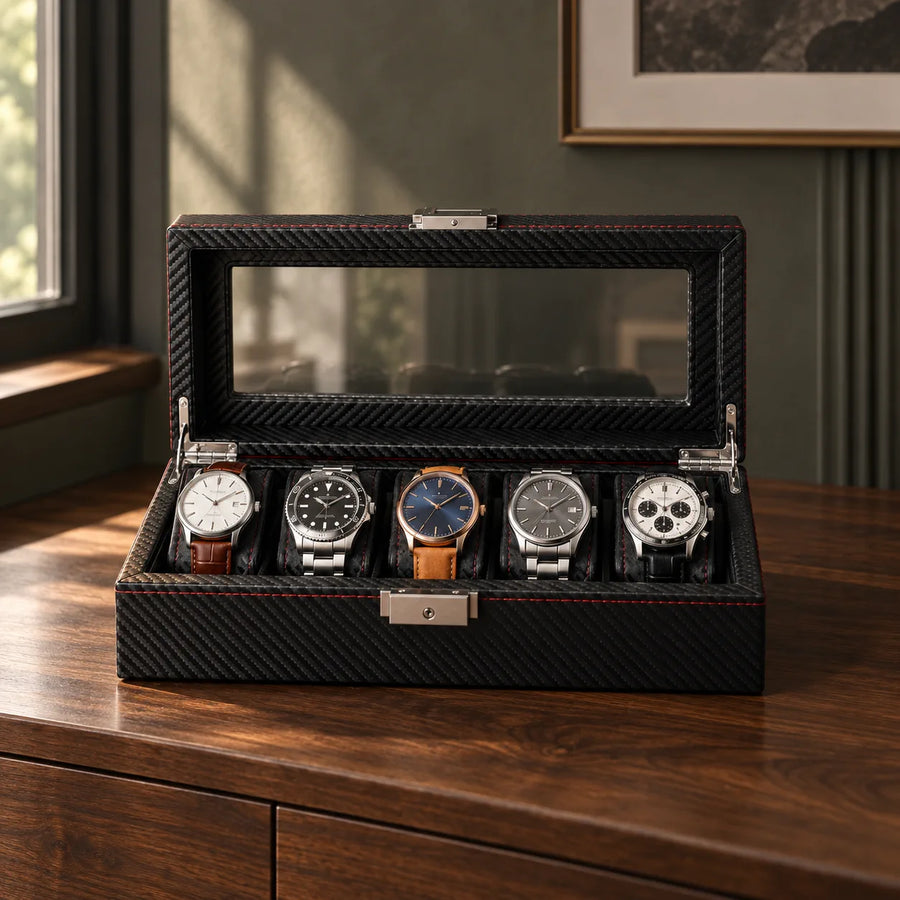 Regent 5-slot watch box on a dresser in a furnished interior