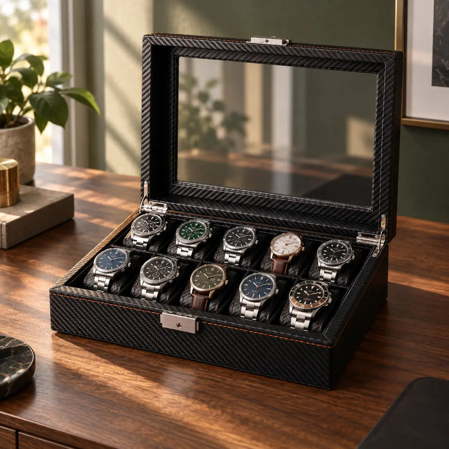 Regent 10-slot watch box on a dresser in a furnished interior