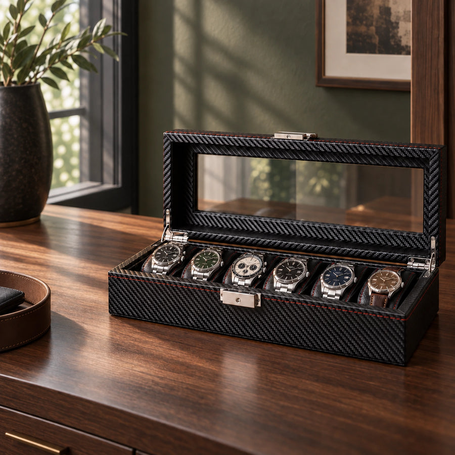 Regent 6-slot watch box on a dresser in a furnished interior