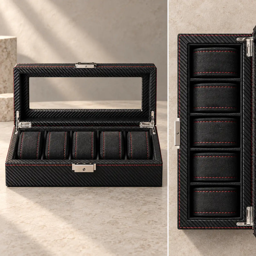 Regent watch box open, showing its five equal compartments
