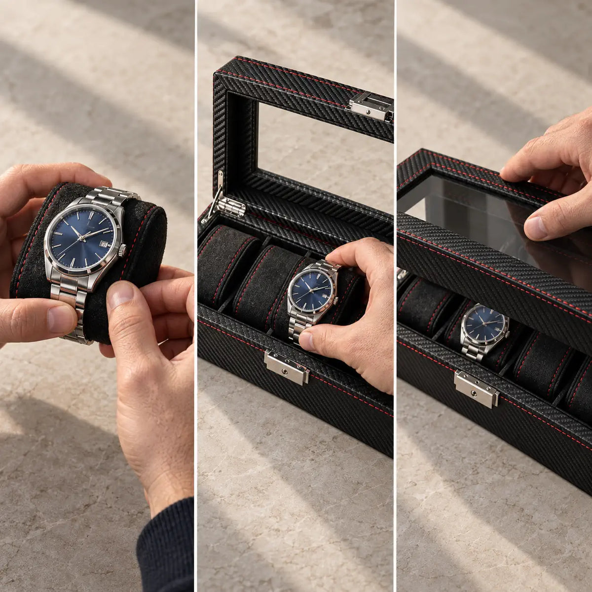 Regent 5-slot watch box in use with five watches in place