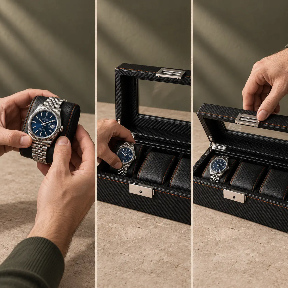 Regent 3-slot watch box in use with three watches in place
