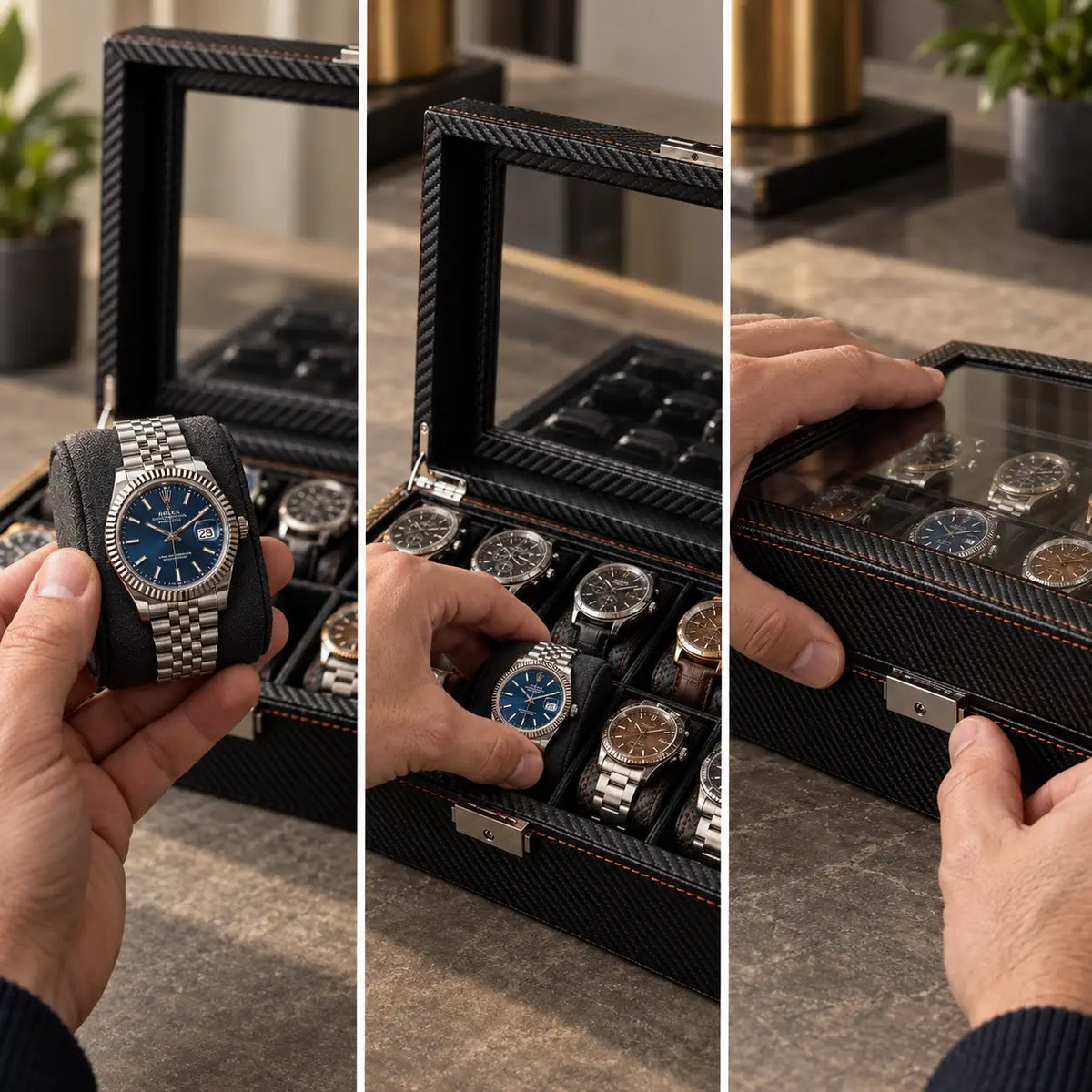 Regent 10-slot watch box in use with ten watches in place