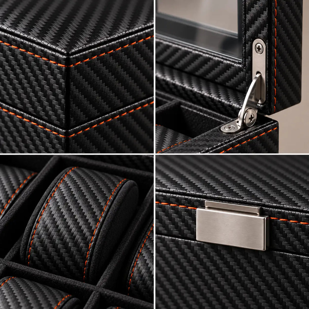 Close-up of the black leather covering and deep compartments of the Regent