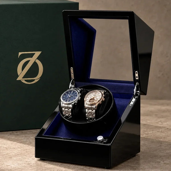 Remontoir double Éclipse — 2 montres automatiques, bois ébène laqué, LED