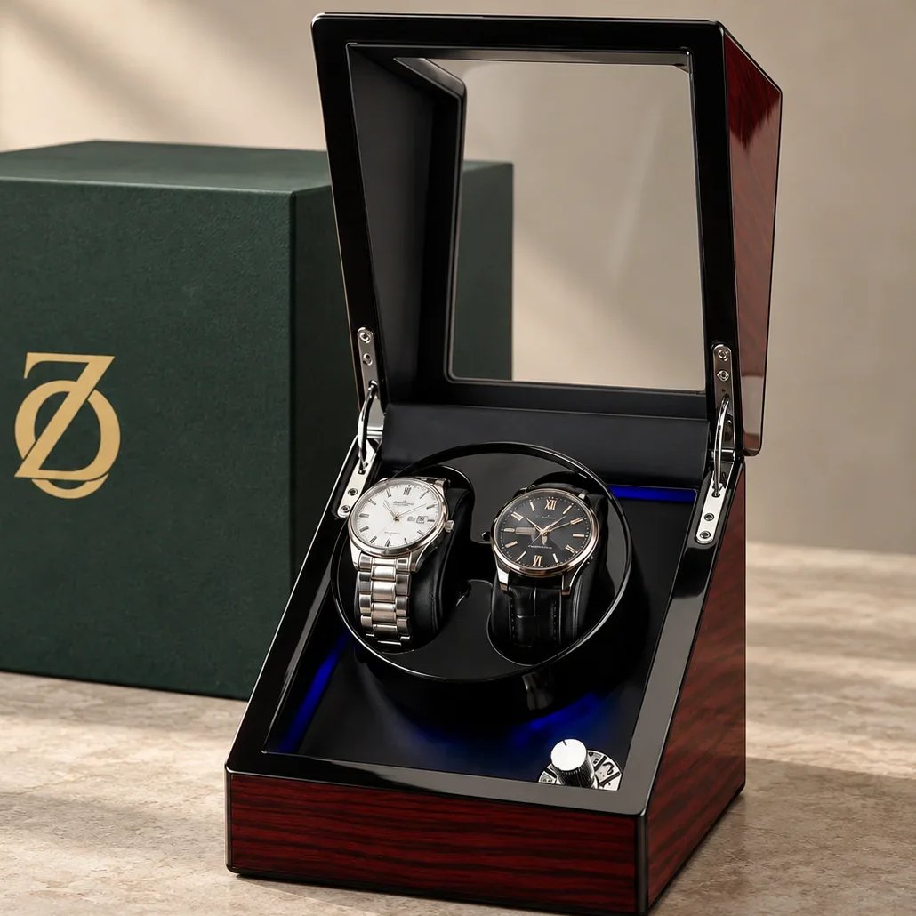 Remontoir double Éclipse — 2 montres automatiques, bois ébène laqué, LED