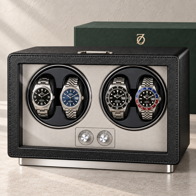 Richmond Black four-watch automatic winder in PU leather with Zaviloo presentation box