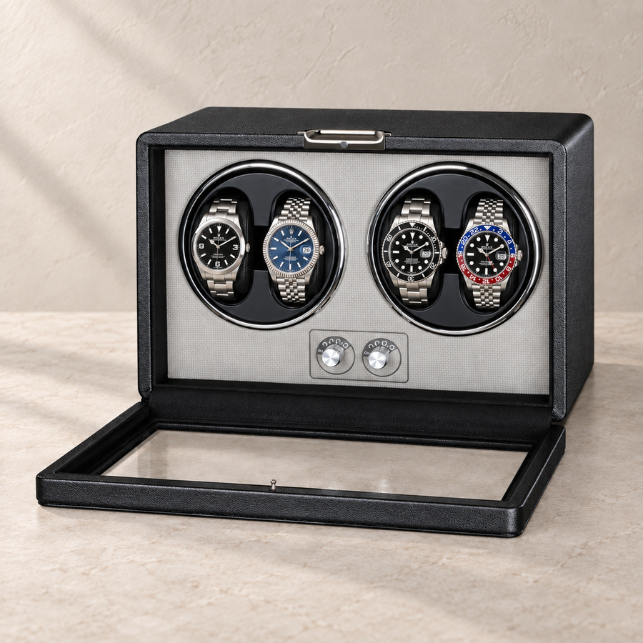 Richmond Black winder with its glass door open, showing four watches across two double holders