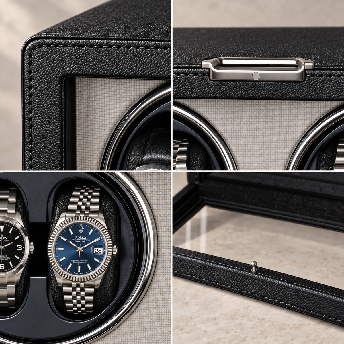 Richmond Black PU texture, stitching, clasp, watch cushion and glass door details