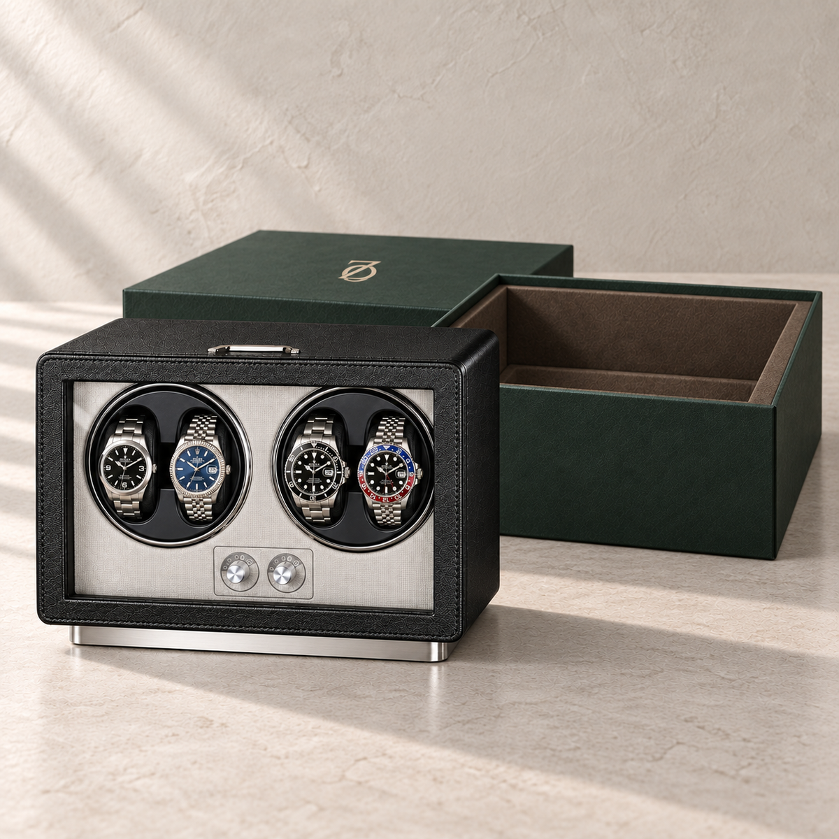 Richmond Black watch winder beside its open Zaviloo presentation box and matching lid