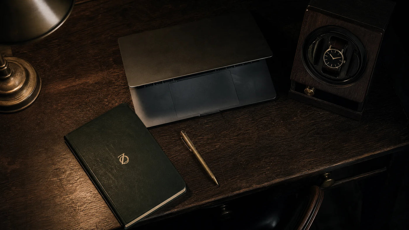 A desk at night with a notebook, a pen and a watch winder pushed to one side under a warm lamp