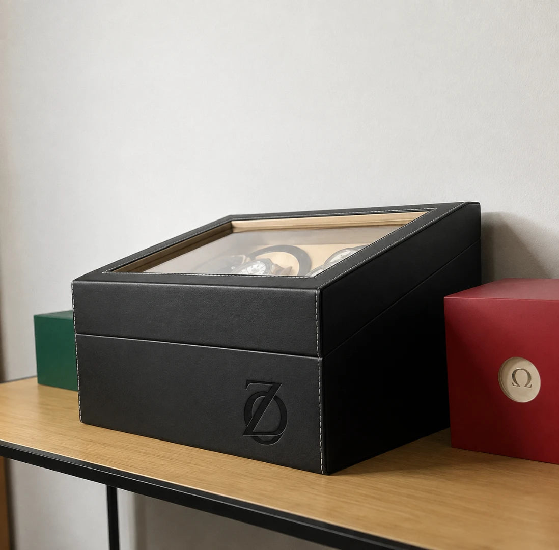 Kensington black watch winder box closed on a desk, Zaviloo logo embossed on the lid