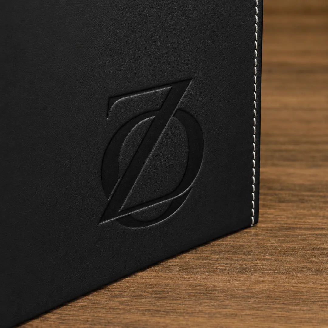Zaviloo logo embossed on the black leather lid of the Kensington watch winder box