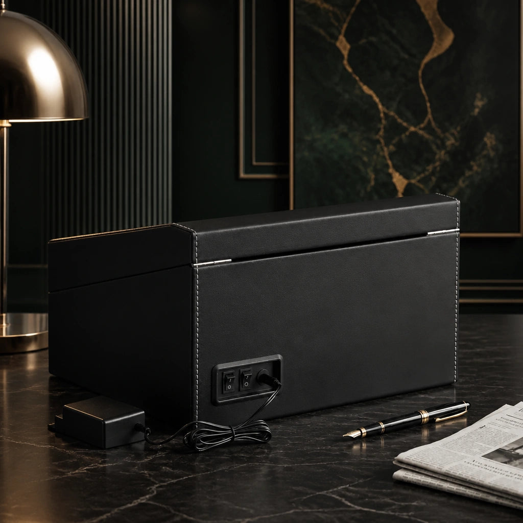 Rear view of the closed black Kensington watch winder box with its mains adapter