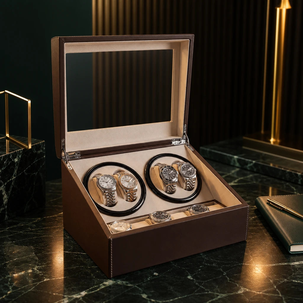 Kensington brown leather watch winder box open on a dark marble surface