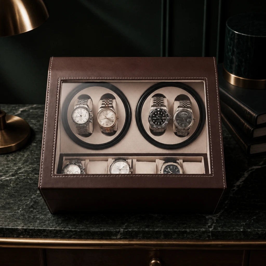 Kensington brown leather watch winder box seen from the front, four winders and six storage slots