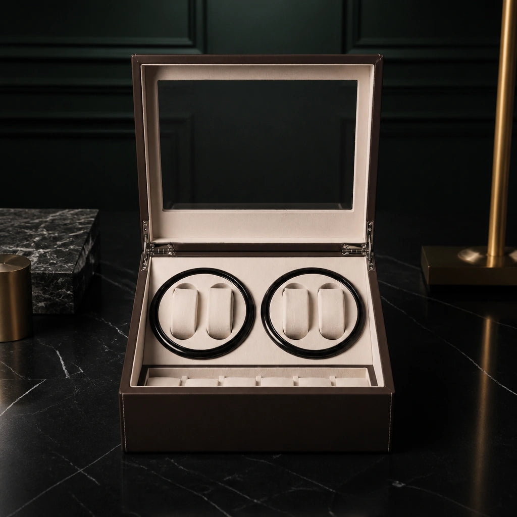 Kensington brown watch winder box open with empty beige cushions