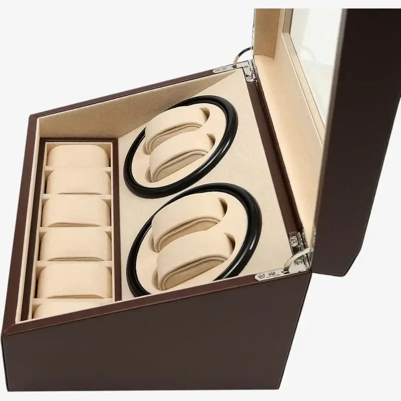 Overhead view of the open brown Kensington showing the winder cups and storage row