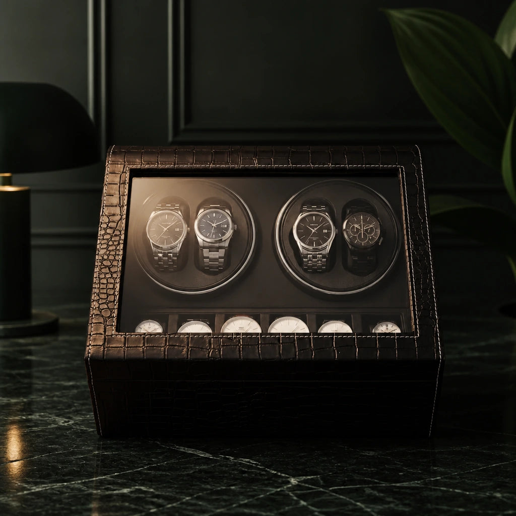 Kensington faux snakeskin watch winder box seen from the front with watches on the winders